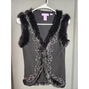 Vermani Faux Fur Sweater Vest Sz Small Black Beaded Rhinestone